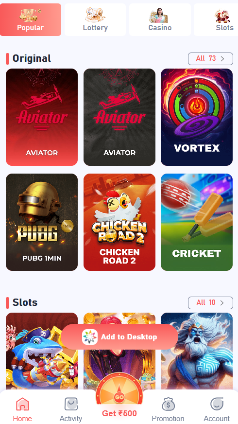 Daman Game Android app showing the Original games block above the Slots block with an All Games link