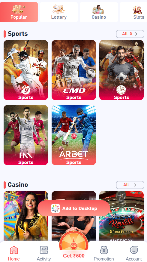 Daman Game app Sports block above the Casino block, each with its own All link