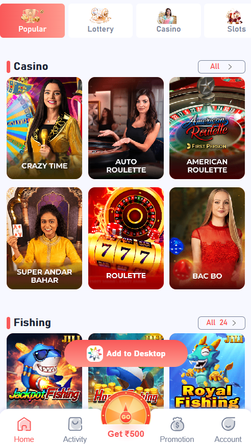 Daman Game app Casino block with live dealer tables above the Fishing block