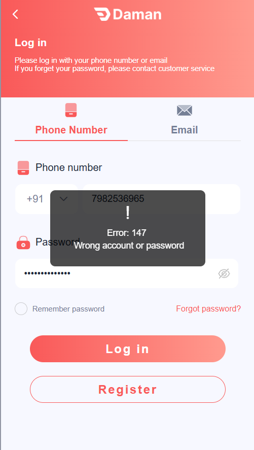 Daman Game login screen showing a failed sign-in message