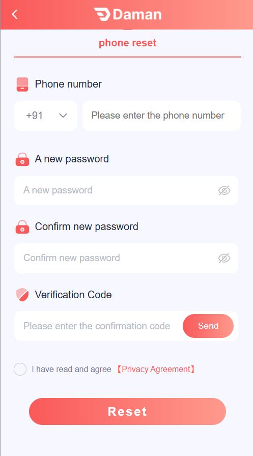 Daman Game forgot password and account recovery screen