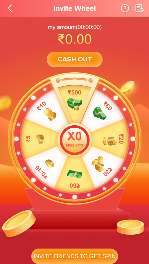 Invite Wheel screen with a spin wheel of cash segments, an amount counter, a cash out button and an invite friends to get spin action