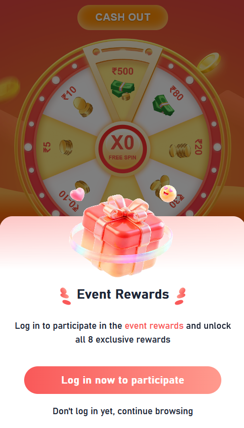 Event Rewards overlay prompting the user to log in now to participate, with a continue browsing link below it