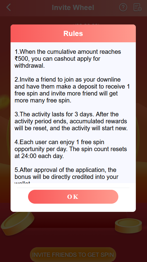 Rules popup listing the conditions attached to the invite wheel promotion, with an OK button