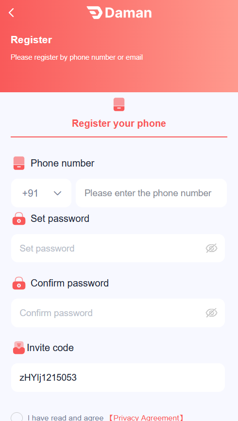 Daman Game registration screen showing the Register your phone form with phone number, password, confirm password and invite code fields