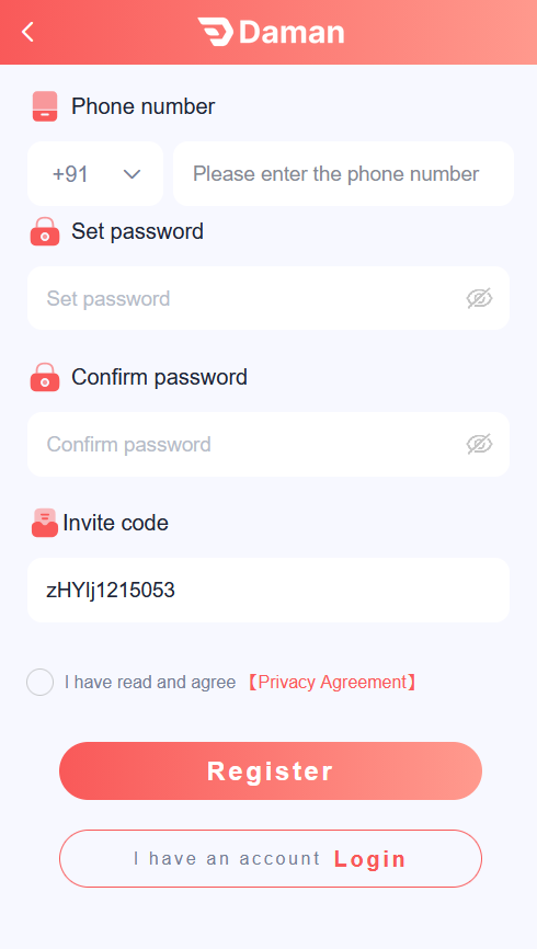 Lower part of the Daman Game register form showing the agreement checkbox, the Register button and an I have an account Login option