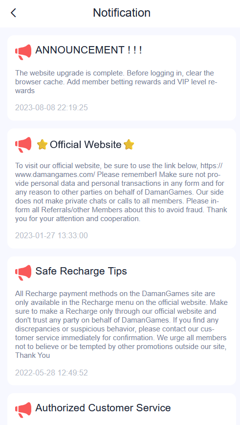 Notification screen of the Daman Game app listing announcement, official website, safe recharge tips and authorised customer service notices with dates