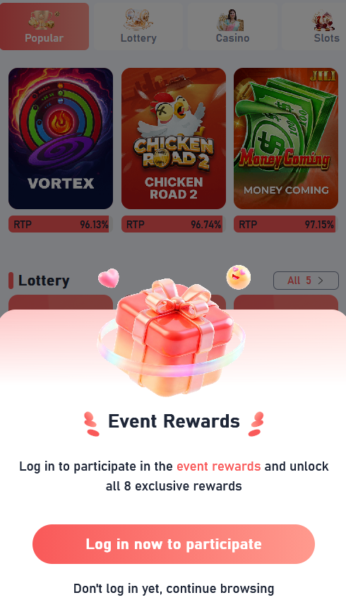 Daman Game Popular tab with an Event Rewards overlay prompting the user to log in to participate